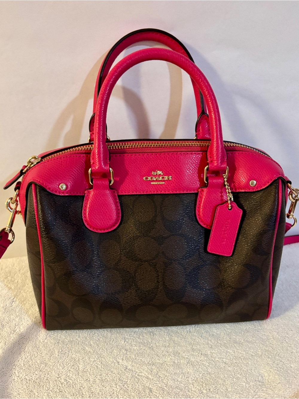 Coach Mini Bennett in Signature Brown and Hot Pink with Cross Body Strap